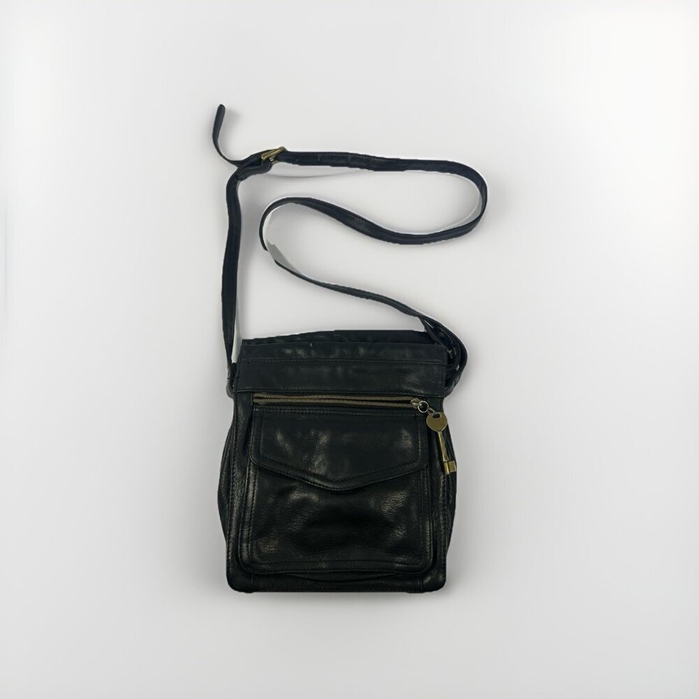 FOSSIL VTG Black Soft Pebble Distress Leather Organizer Messenger Bag 75082